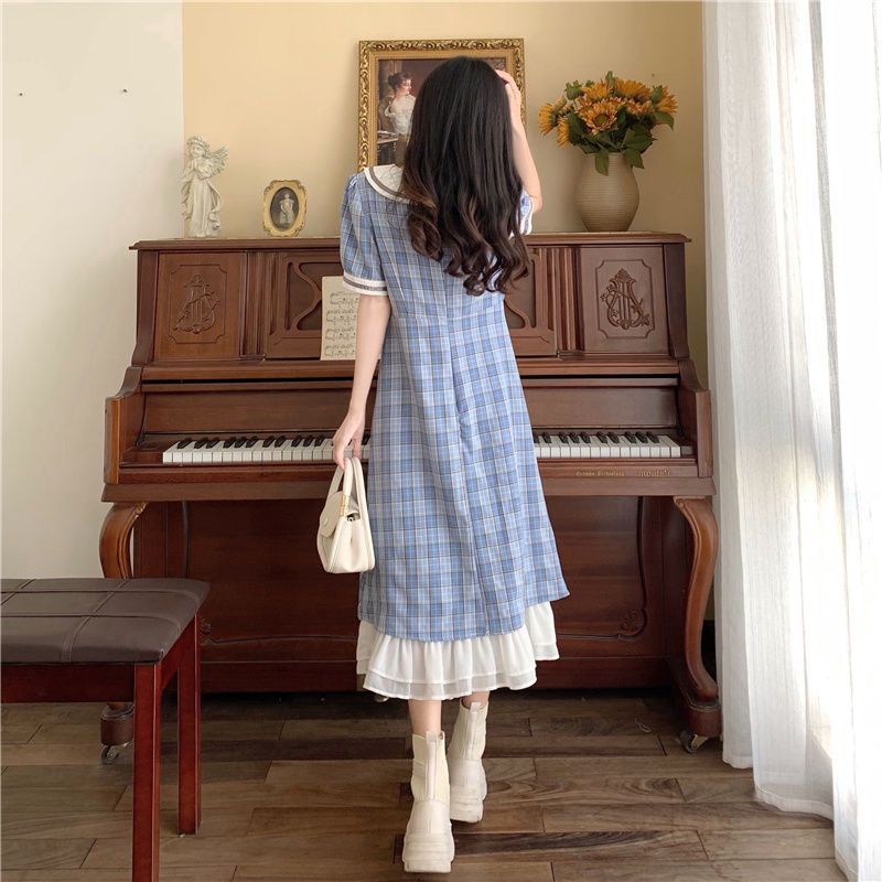 College wind dress women's summer mid-length Korean version navy collar plaid French retro first love princess skirt