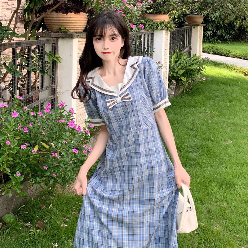 College wind dress women's summer mid-length Korean version navy collar plaid French retro first love princess skirt