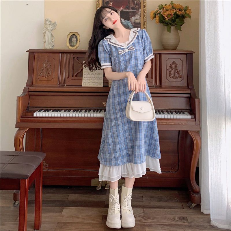 College wind dress women's summer mid-length Korean version navy collar plaid French retro first love princess skirt