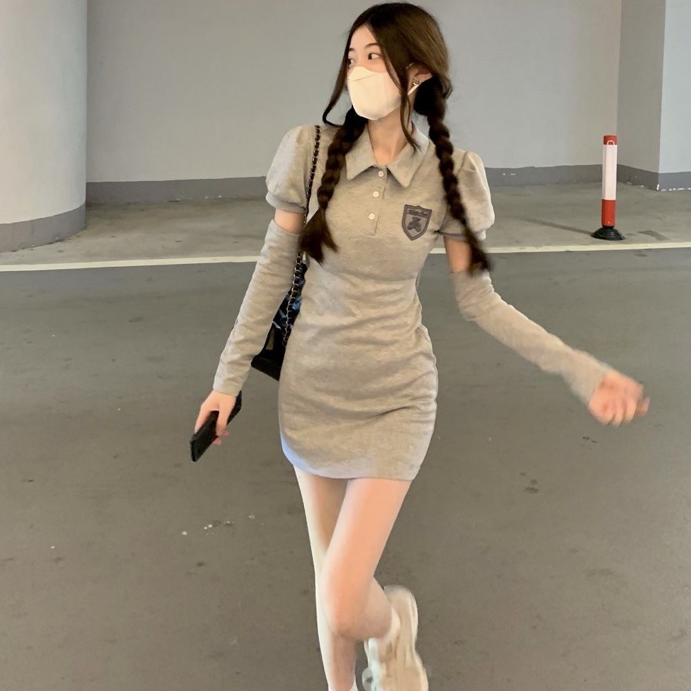 Summer women's clothing 2023 new college style design sense waist slimming sweet hot girl bear polo collar dress