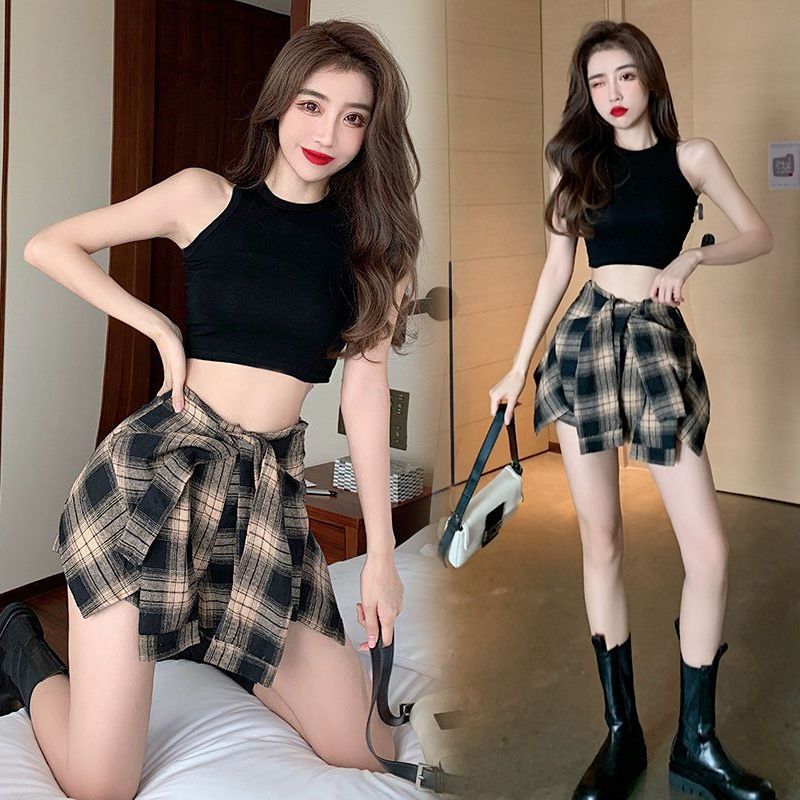 辣妹套裝女夏季洋氣性感顯瘦背心上衣不規則格子半身短裙女兩件套