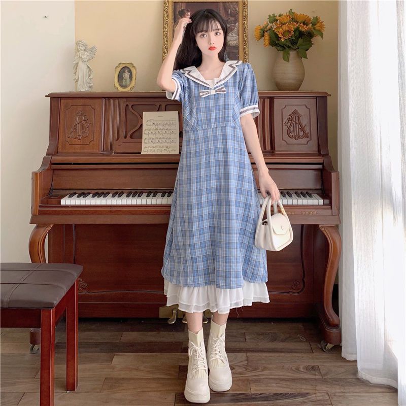 College wind dress women's summer mid-length Korean version navy collar plaid French retro first love princess skirt