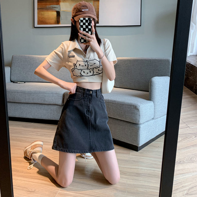 Retro denim skirt women's summer high waist hot girl skirt bag hip skirt all-match slim A-line skirt plus size skirt