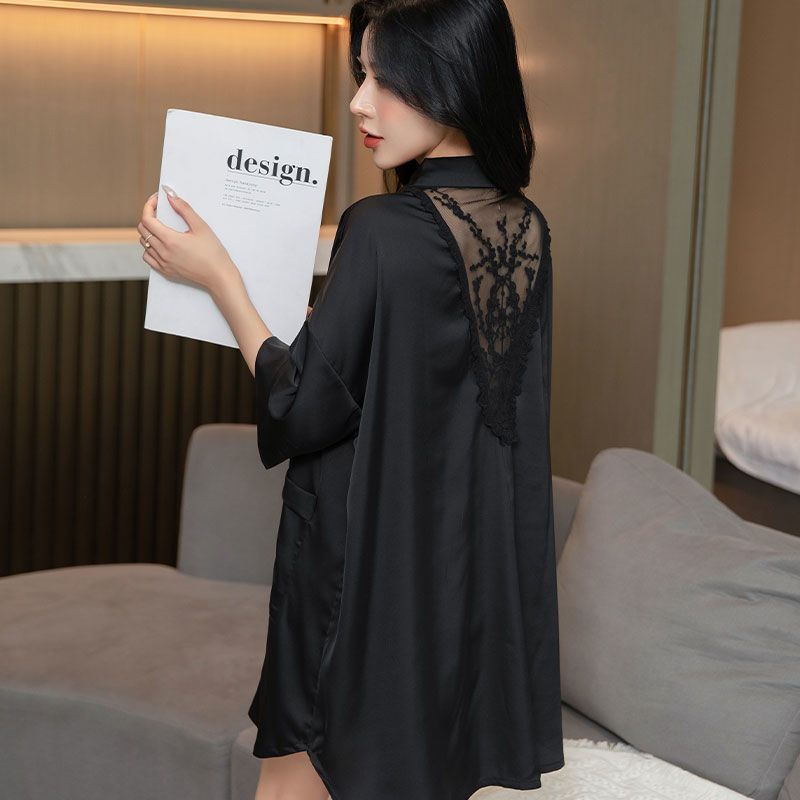 Private room nightdress female summer chiffon thin section mid-sleeved small sexy lace backless white shirt spring and autumn mid-length pajamas