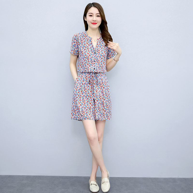 2022 Summer New Fashionable Casual Printed Cotton Jumpsuit Women's Waist Belt Floral Wide-leg Shorts