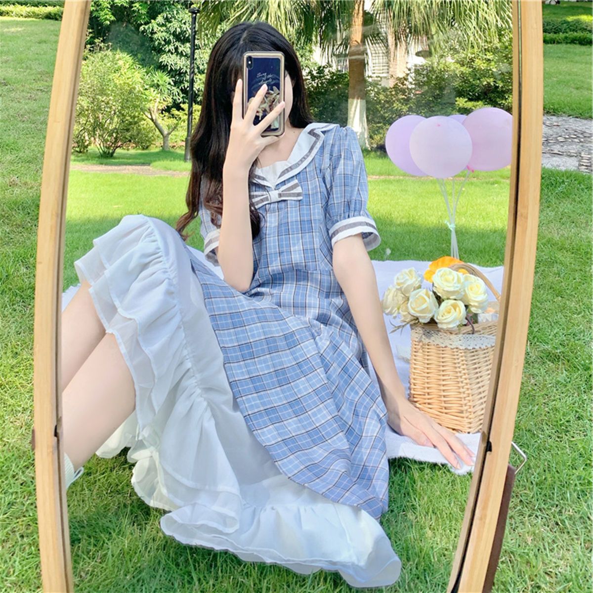 College wind dress women's summer mid-length Korean version navy collar plaid French retro first love princess skirt