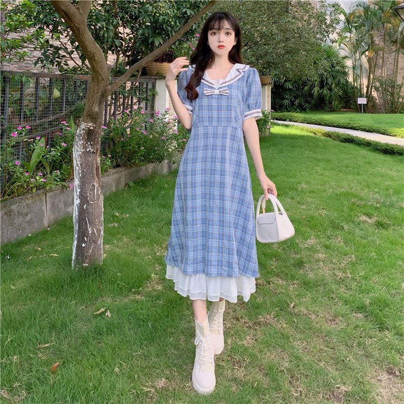 College wind dress women's summer mid-length Korean version navy collar plaid French retro first love princess skirt