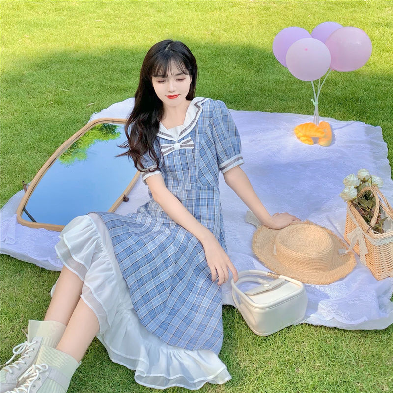 College wind dress women's summer mid-length Korean version navy collar plaid French retro first love princess skirt