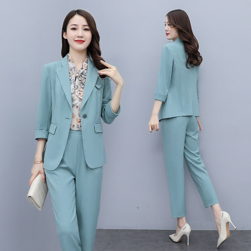 Large size women's business suit three piece set spring and autumn  new style waist tight straight pants net red suit fashion