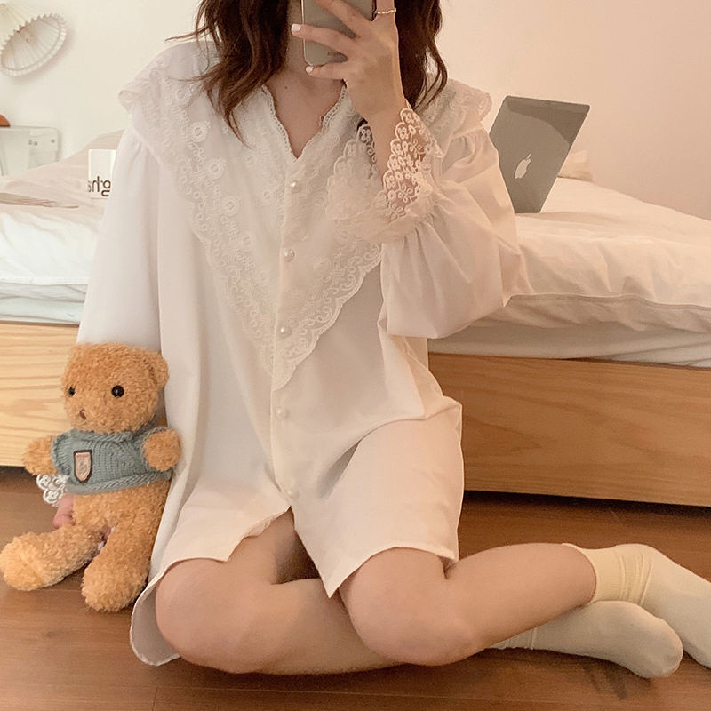 Private room nightdress female summer chiffon thin section mid-sleeved small sexy lace backless white shirt spring and autumn mid-length pajamas