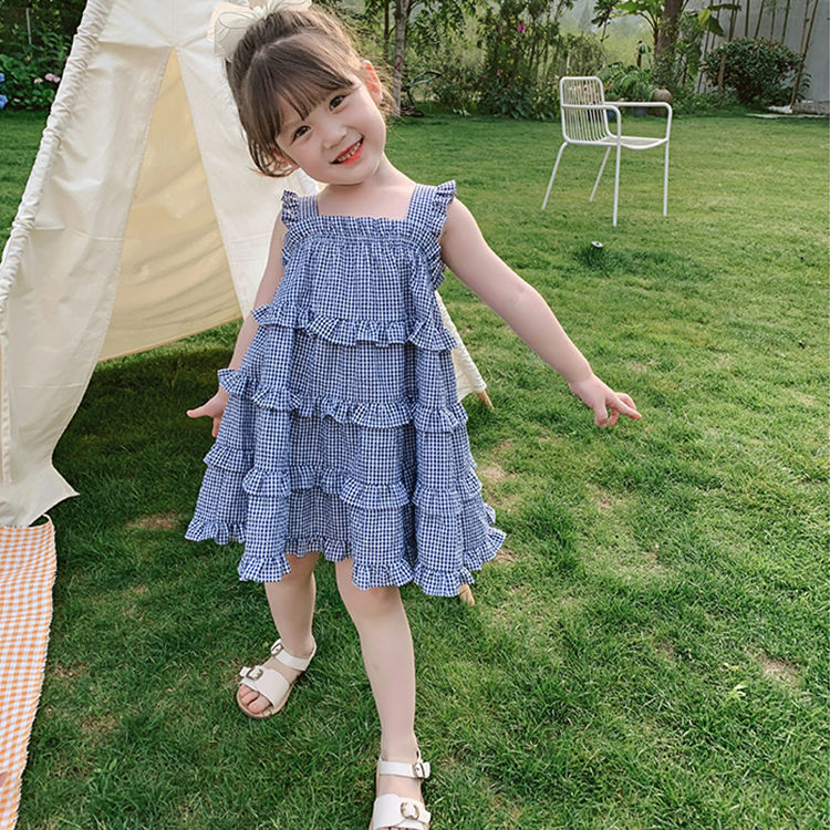 兒童連衣裙夏季女童格子吊帶裙子女寶寶公主裙2023新款蛋糕裙童裝