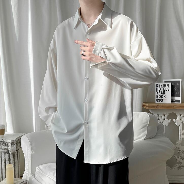 [Two-piece set] black shirt men's long-sleeved high-end sense of ruffian handsome trendy spring casual top drape ice silk shirt