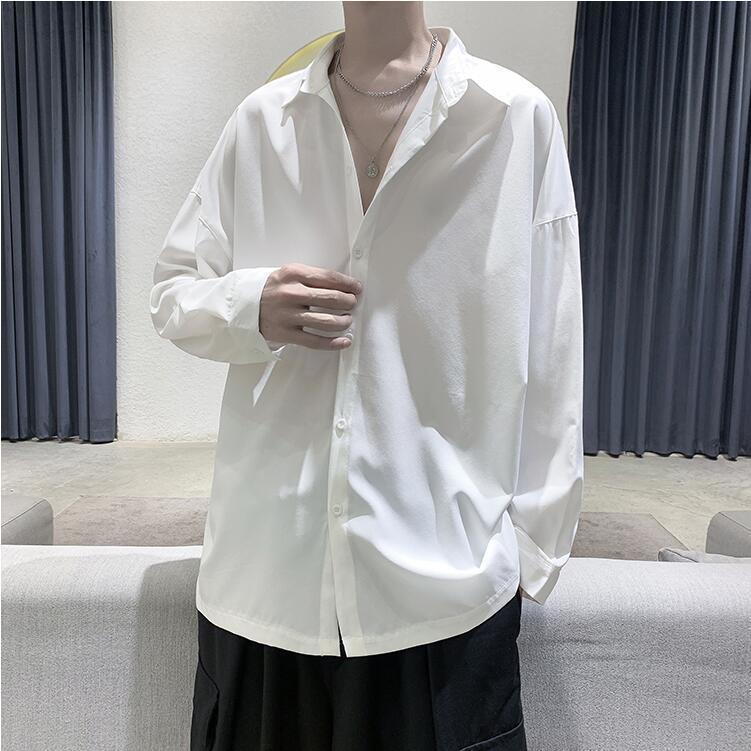 [Two-piece set] black shirt men's long-sleeved high-end sense of ruffian handsome trendy spring casual top drape ice silk shirt