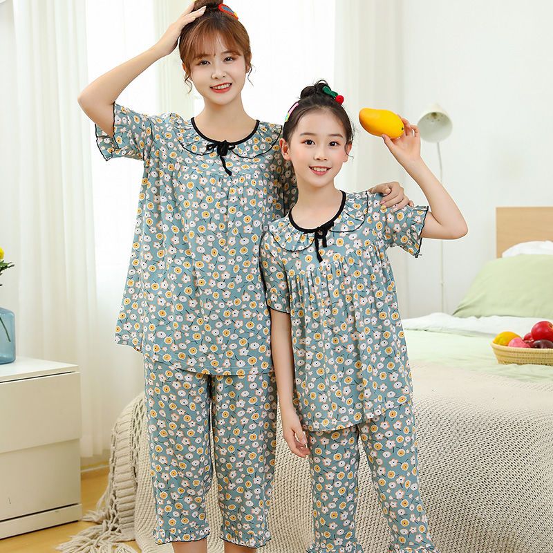 Ice silk parent-child pajamas girls summer cotton silk short-sleeved children's girls princess mother and daughter home clothes set
