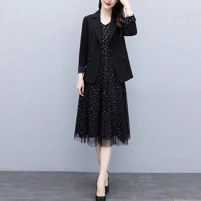 2022 Elegant Temperament Suit Slim Black Suit Jacket Female Korean Version Loose Mesh Dress Two-piece Spring