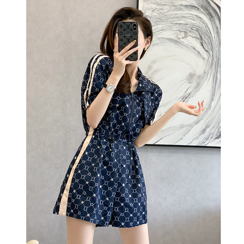 Sports wind blue printed jumpsuit women 2023 new French style retro waist thin shorts women summer loose trend