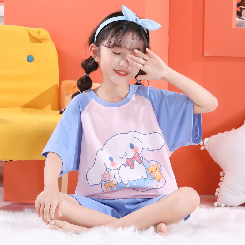 女童睡衣夏純棉寬鬆短袖套裝兒童女中大童玉桂狗睡衣小孩子家居服