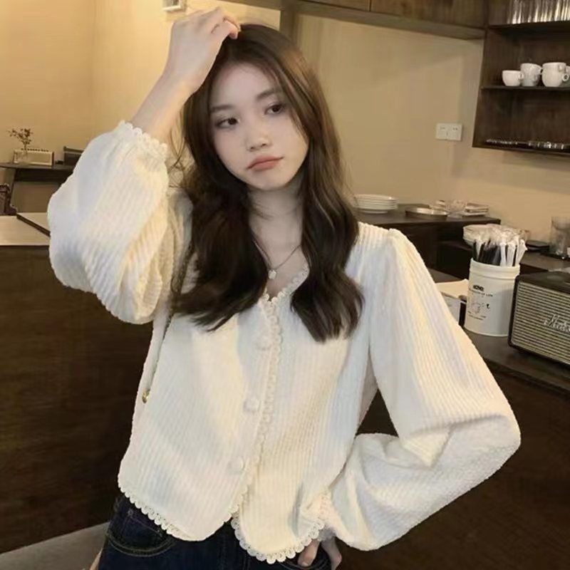 春秋款新款韓版氣質V領花邊甜美百搭肌理感別致小眾襯衫女士上衣