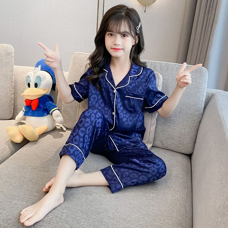Girls pajamas summer thin section short-sleeved trousers girl parent-child ice silk home service summer children's air-conditioning suit
