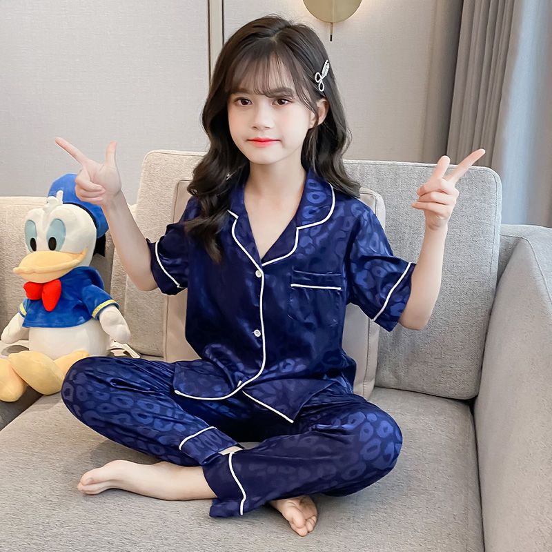 Girls pajamas summer thin section short-sleeved trousers girl parent-child ice silk home service summer children's air-conditioning suit