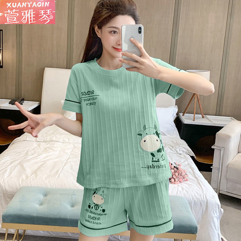 Pajamas women's summer new 100% double-sided simple loose sweet large size student dormitory outer wear home service suit