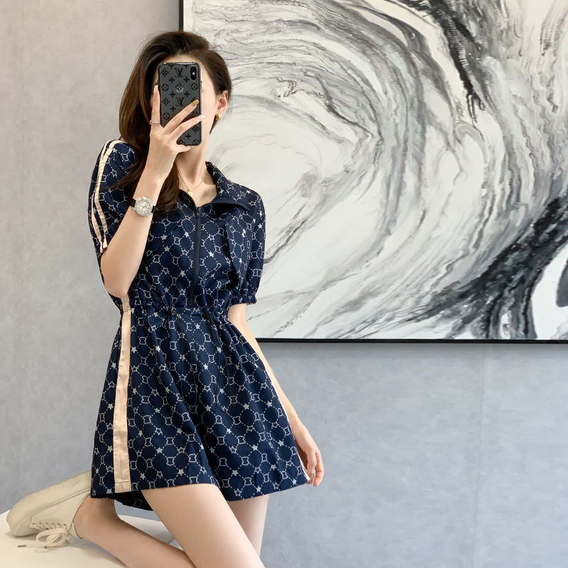 Sports wind blue printed jumpsuit women  new French style retro waist thin shorts women summer loose trend