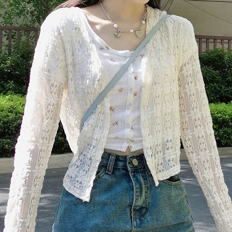 小披肩夏季配裙子超仙長袖鏤空短款外套女蕾絲防曬開衫網紗薄上衣