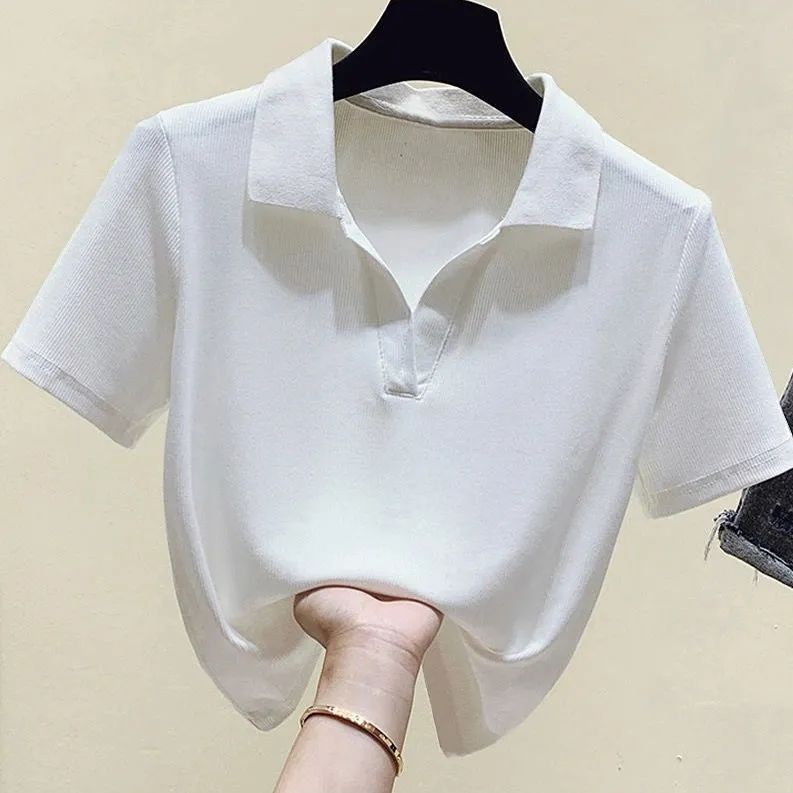 短袖T恤女夏季新款韩版翻领上衣打底衫气质减龄洋气纯色小衫女装