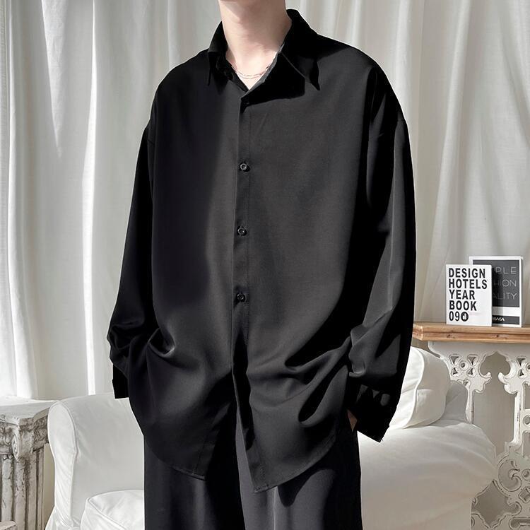 High-end ice silk shirt men's long-sleeved Korean style trendy all-match loose Hong Kong style casual black drape handsome shirt