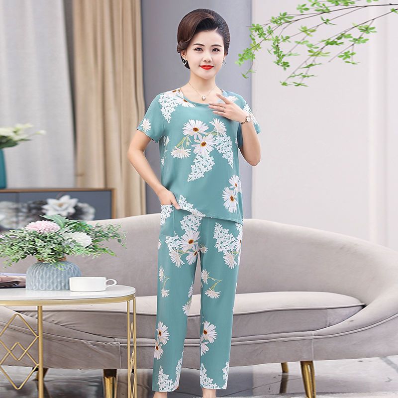 Cotton silk pajamas women's summer thin suit middle-aged and elderly mothers wear artificial cotton home service short-sleeved trousers two-piece set