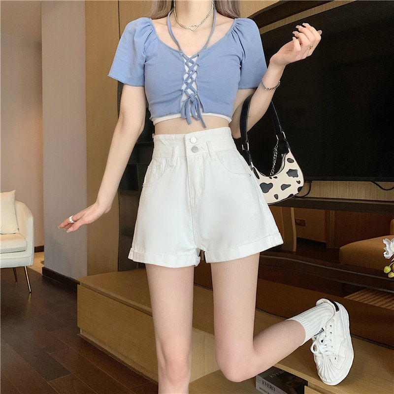 High-waist denim shorts women's summer thin section 2022 new loose and thin A-line curly wide-leg hot pants high street tide