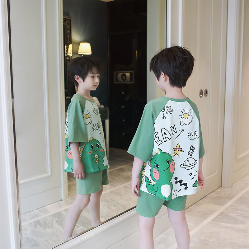 男童睡衣夏季短袖可愛卡通兒童睡衣寬鬆中童女孩小孩空調服家居服