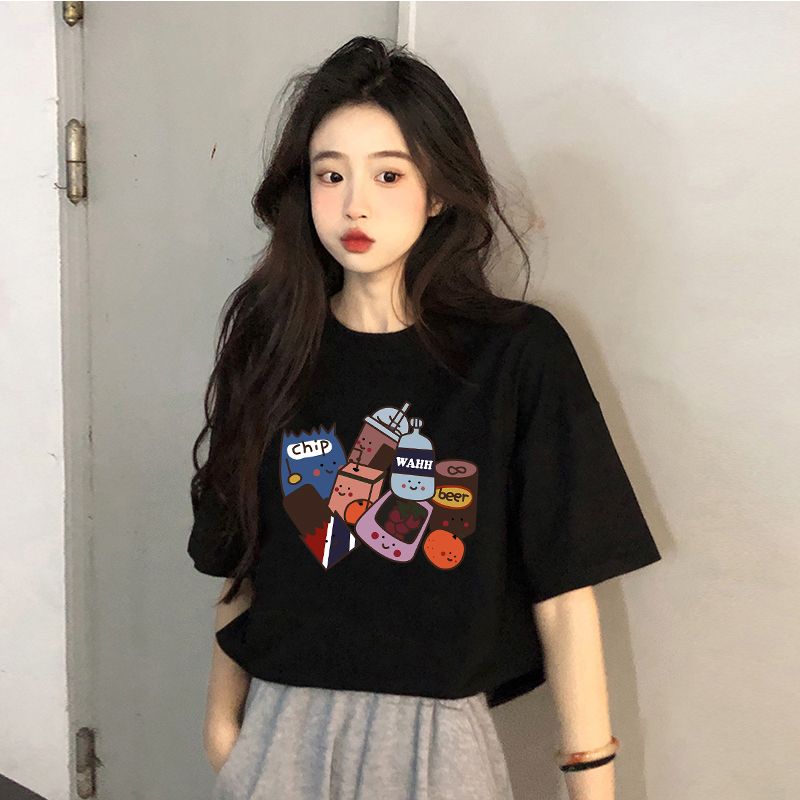 100%純棉短袖t恤女夏季新款寬鬆百搭顯瘦印花半袖休閒ins風上衣服