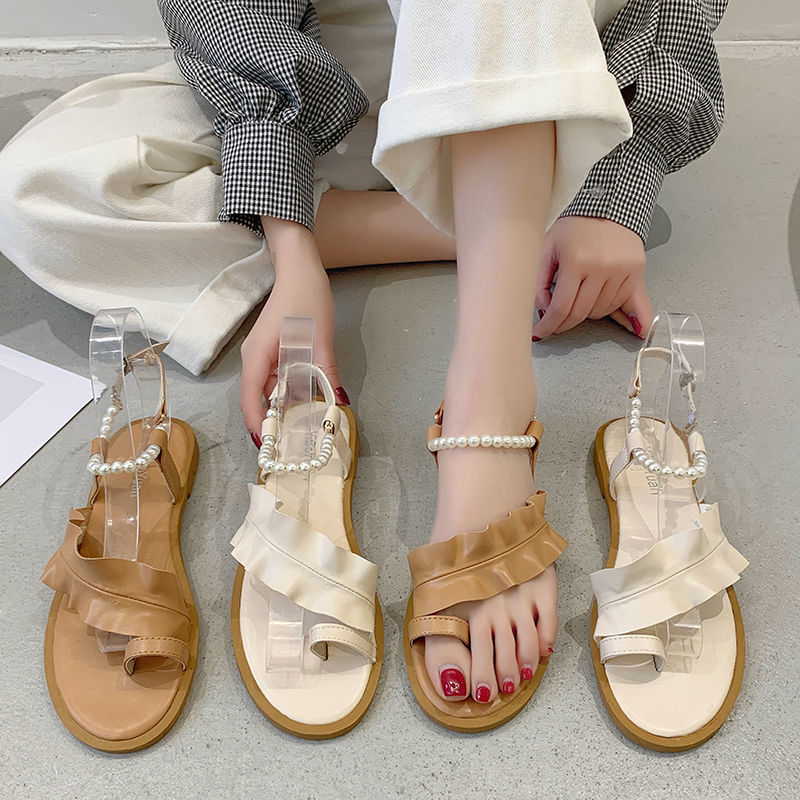 凉鞋平底女新款夏季珍珠百搭法式仙女风小众一字带软底罗马鞋