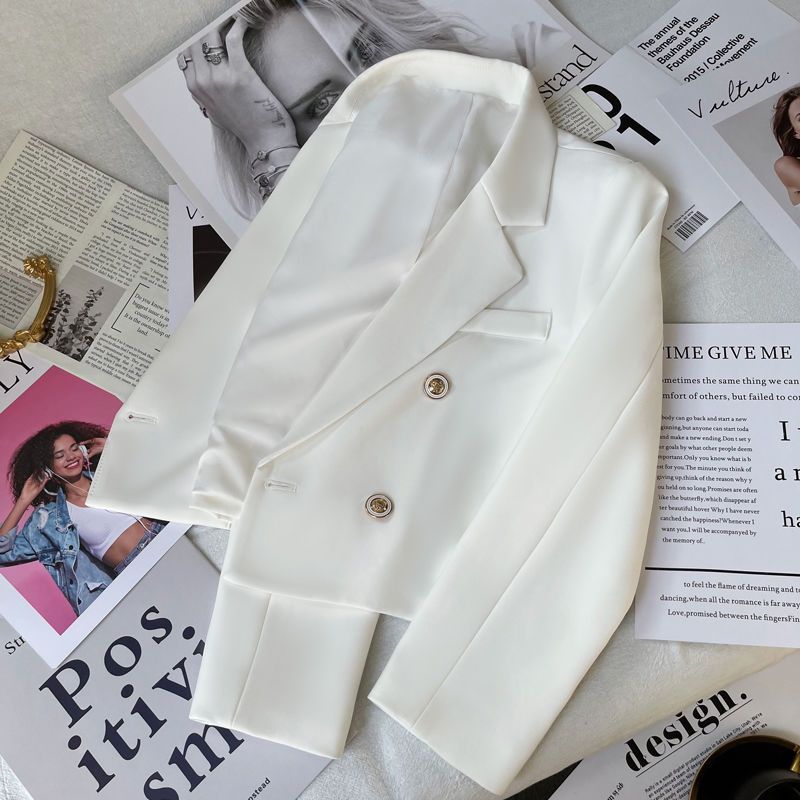 Double breasted white suit jacket female slim fit spring 2022 solid color small temperament long sleeve short suit