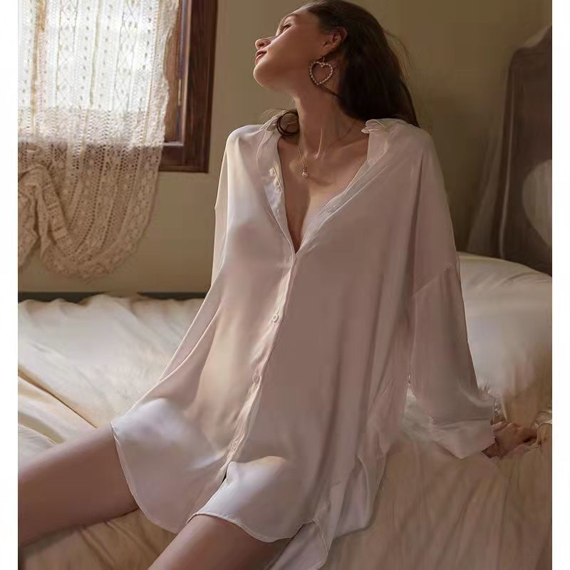 White boyfriend style shirt female sexy pajamas summer sexy autumn and winter ice silk large size pure lust long nightdress