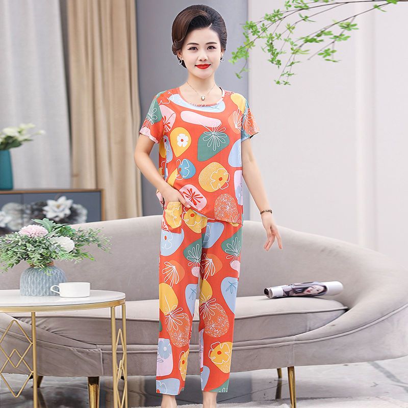 Cotton silk pajamas women's summer thin suit middle-aged and elderly mothers wear artificial cotton home service short-sleeved trousers two-piece set