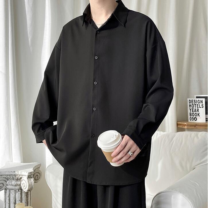 High-end ice silk shirt men's long-sleeved Korean style trendy all-match loose Hong Kong style casual black drape handsome shirt