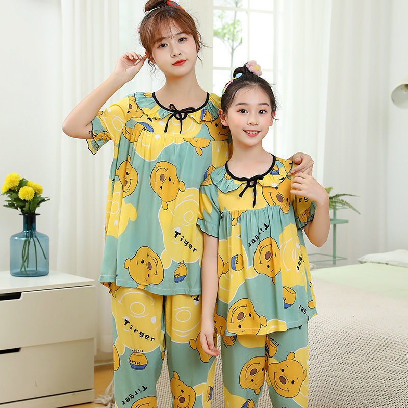 Ice silk parent-child pajamas girls summer cotton silk short-sleeved children's girls princess mother and daughter home clothes set