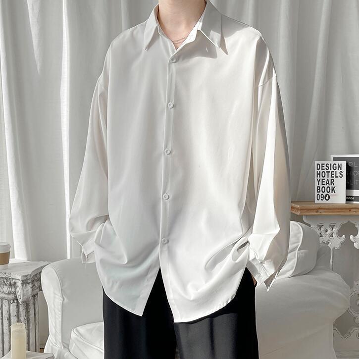 [Two-piece set] black shirt men's long-sleeved high-end sense of ruffian handsome trendy spring casual top drape ice silk shirt