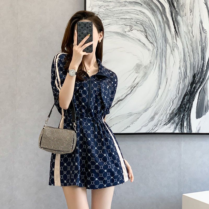 Sports wind blue printed jumpsuit women  new French style retro waist thin shorts women summer loose trend