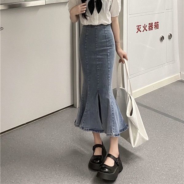 Small High Waist Denim Skirt New Split Ruffled Stretch Tight Hip Skirt Mid Length Fishtail Skirt