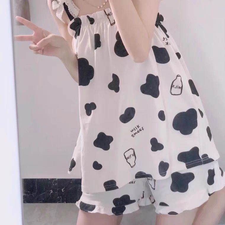 Korean ins pajamas women's spring and summer soft cute cow suspenders students cute tops shorts home clothes two-piece suit