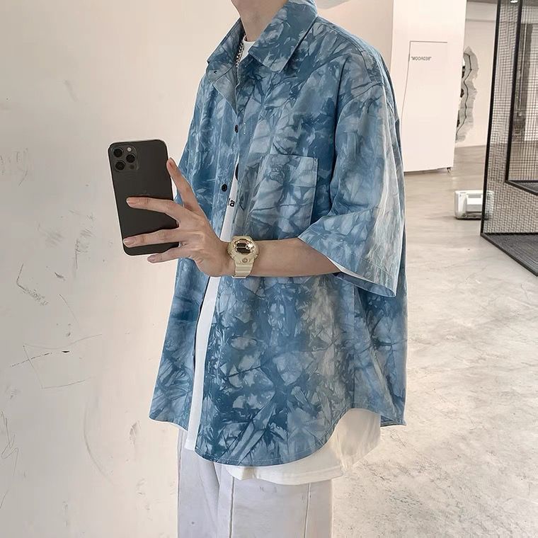 Tie-dyed shirt boys Joker short sleeve summer shirt Hong Kong style Korean trend student coat half sleeve ruffian handsome coat