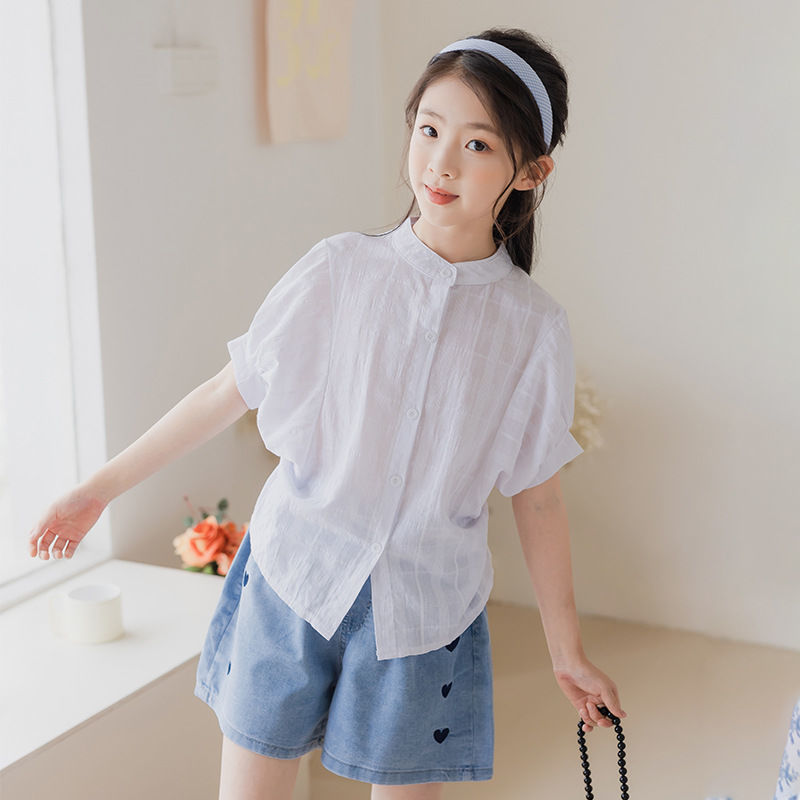 Girls foreign style pure cotton bat shirt 2022 summer new middle and big children Korean version loose short-sleeved T-shirt shirt