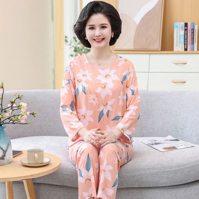 媽媽兩件套裝中老年棉綢睡衣女夏季人造棉家居服綿綢長袖老人寬鬆