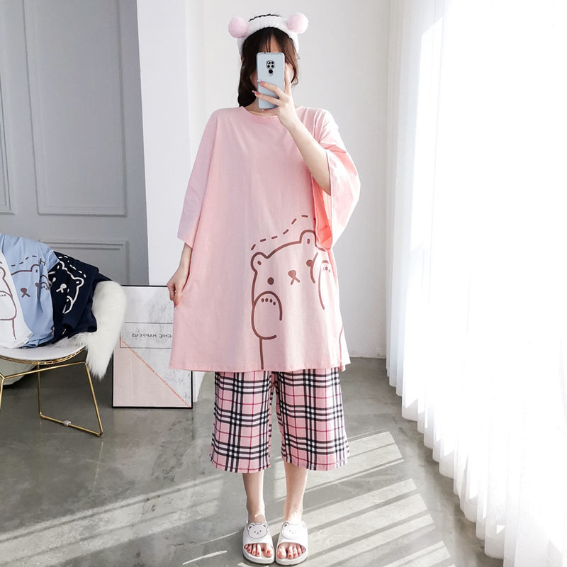 Summer short-sleeved T-shirt cropped plaid pants pajamas women's large size two-piece suit fat MM loose home service 200 catties 300