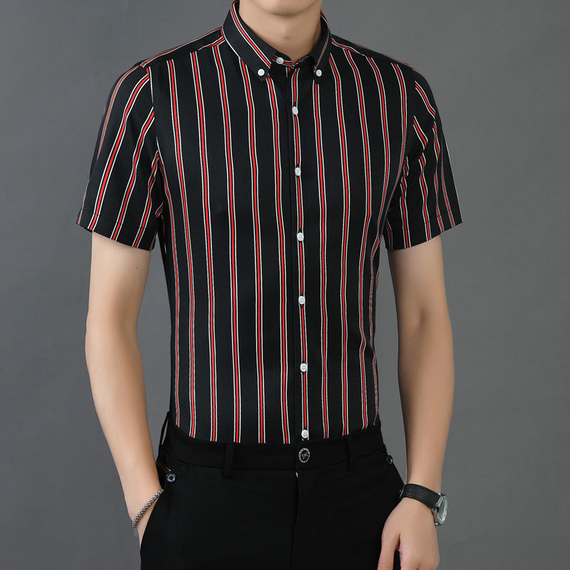 夏季韩版水洗短袖衬衫条纹袖衬衫男高级感舒适宽松中袖条纹衬衣