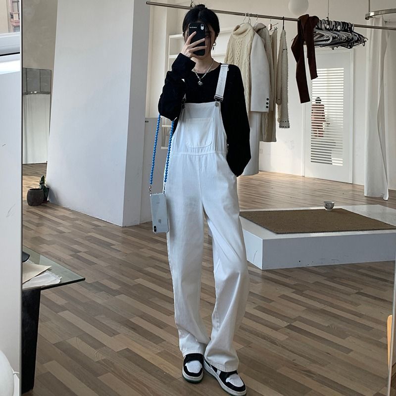 Denim overalls women's 2023 new loose age-reducing white high-waist wide-leg straight tube slimming all-match jumpsuit summer