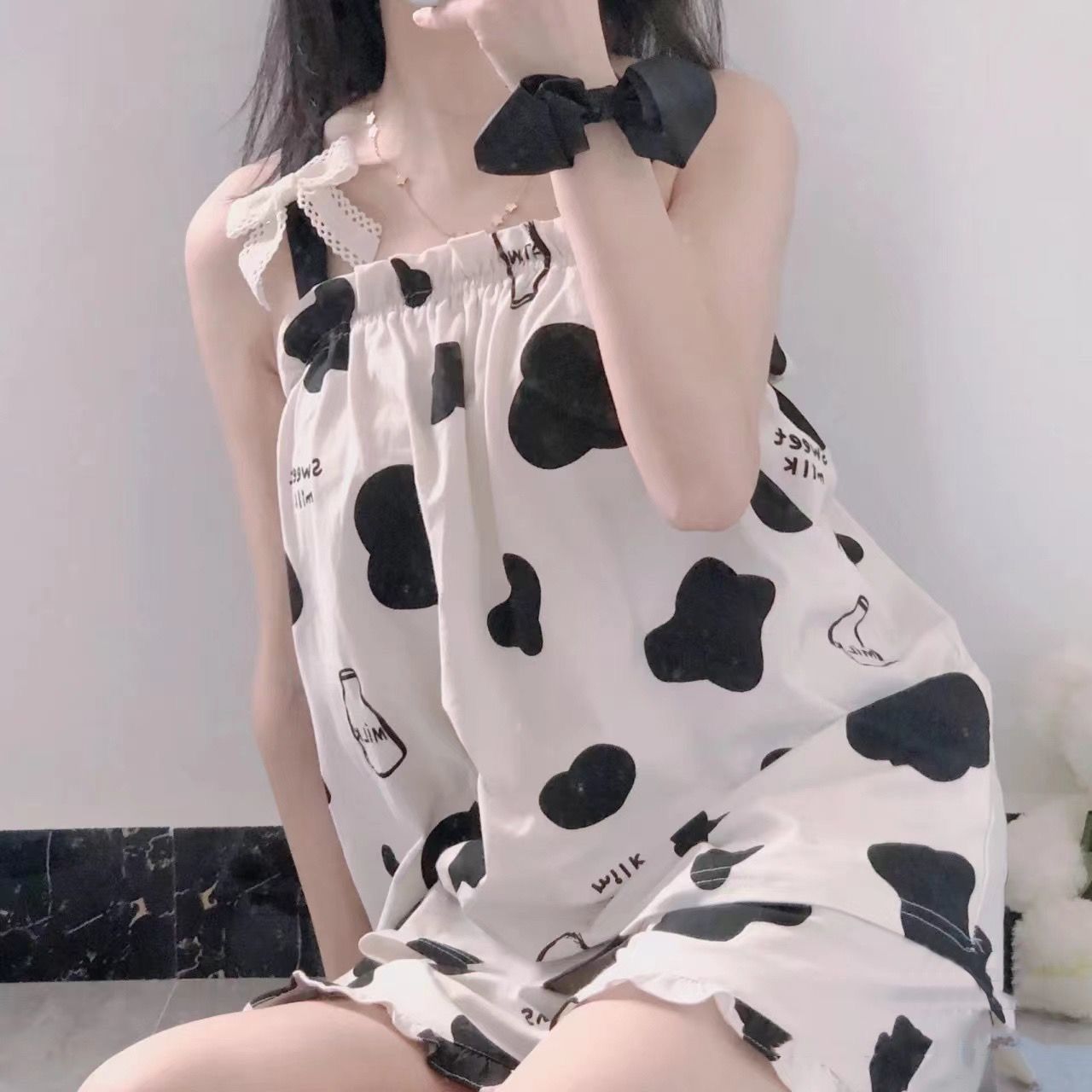 Korean ins pajamas women's spring and summer soft cute cow suspenders students cute tops shorts home clothes two-piece suit